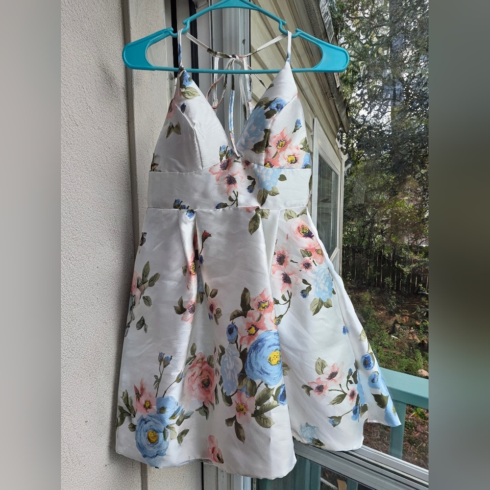 B Darlin Floral Dress with Pink and Blue Accents